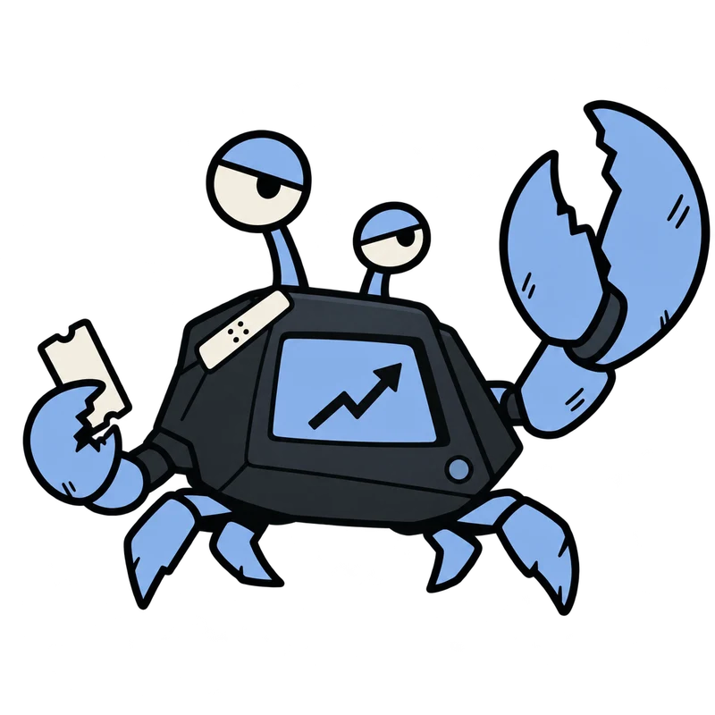 Skiff, the Stonkport harbor crab, with an oversized blue claw and a terminal shell